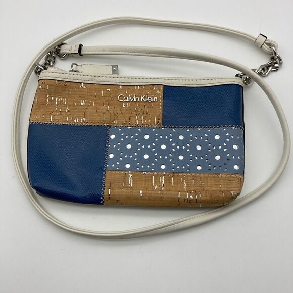 Calvin Klein Saffiano Cork Patchwork Crossbody Blue/Tan Color - Picture 2 of 9
